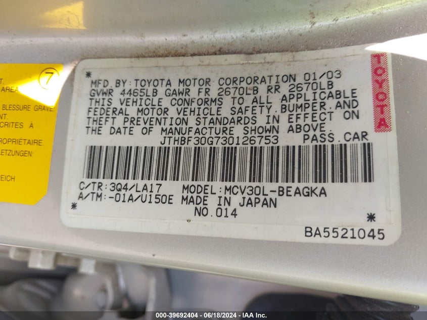 2001 Lexus Es 300 VIN: JT8BF28G115107856 Lot: 39692404