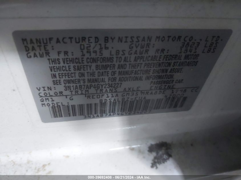 3N1AB7AP4GY234227 2016 Nissan Sentra Fe+ S/S/Sl/Sr/Sv