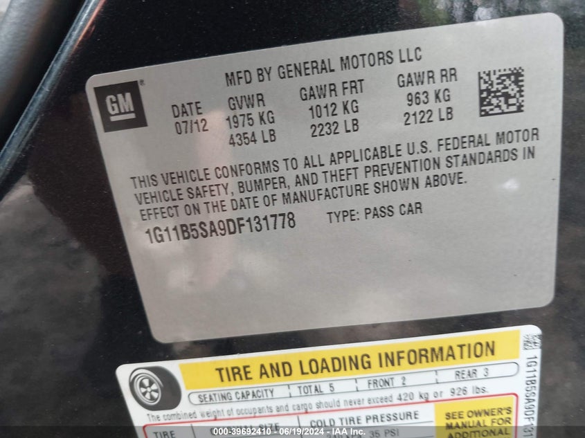 2013 Chevrolet Malibu 1Ls VIN: 1G11B5SA9DF131778 Lot: 39692410