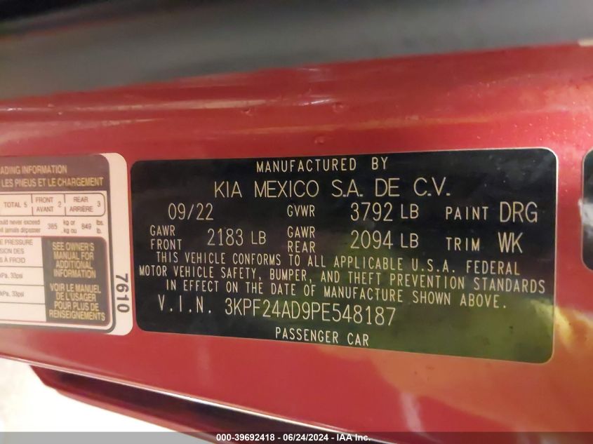 2023 Kia Forte Lxs VIN: 3KPF24AD9PE548187 Lot: 39692418