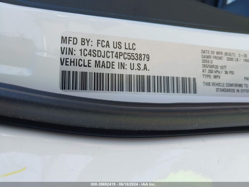 2023 Dodge Durango R/T Plus Awd VIN: 1C4SDJCT4PC553879 Lot: 39692419