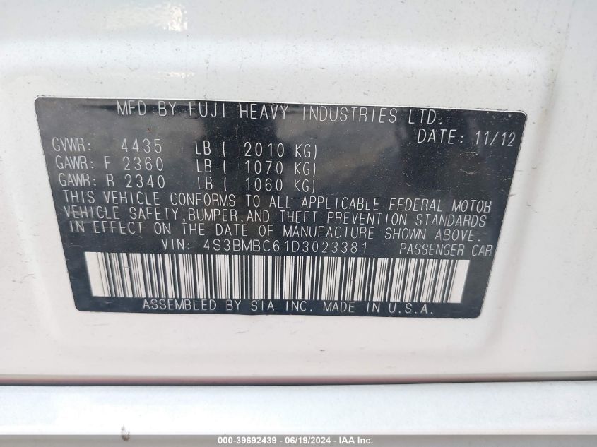 2013 Subaru Legacy 2.5I Premium VIN: 4S3BMBC61D3023381 Lot: 39692439