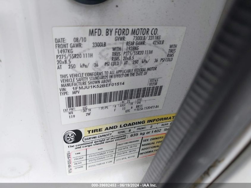 2011 Ford Expedition Limited VIN: 1FMJU1K52BEF01514 Lot: 39692453