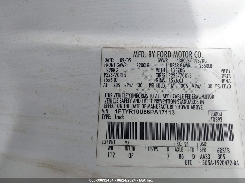 2006 Ford Ranger Sport/Stx/Xl/Xlt VIN: 1FTYR10U66PA17113 Lot: 39692454