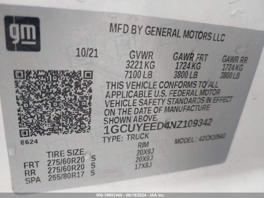 2022 Chevrolet Silverado 1500 Ltd 4Wd Short Bed Rst VIN: 1GCUYEED4NZ109342 Lot: 39692460