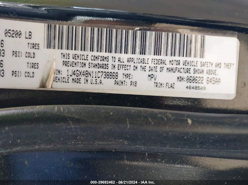 2001 Jeep Grand Cherokee Laredo VIN: 1J4GX48N11C738868 Lot: 39692462