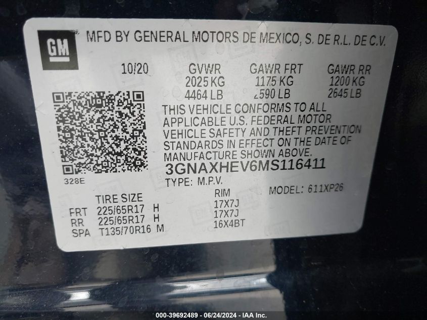 2021 Chevrolet Equinox Fwd Ls VIN: 3GNAXHEV6MS116411 Lot: 39692489