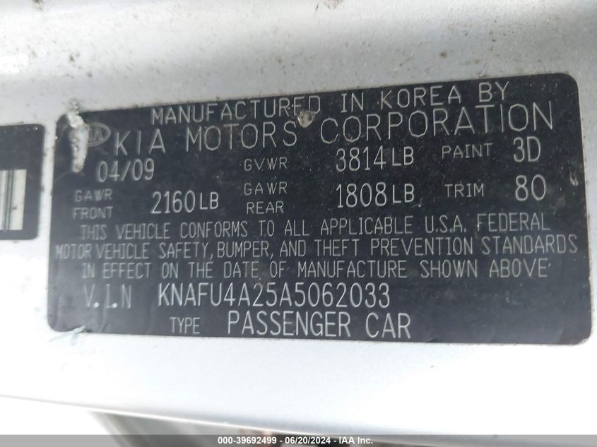 KNAFU4A25A5062033 2010 Kia Forte Ex