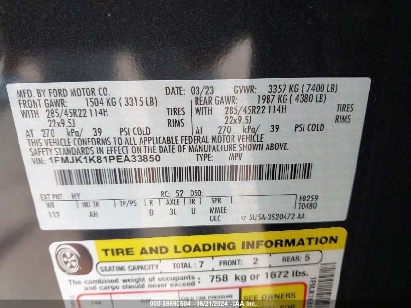 2023 Ford Expedition Max Limited VIN: 1FMJK1K81PEA33850 Lot: 39692504