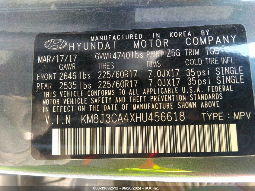 2017 Hyundai Tucson Limited/Sport And Eco/Se VIN: KM8J3CA4XHU456618 Lot: 39692512