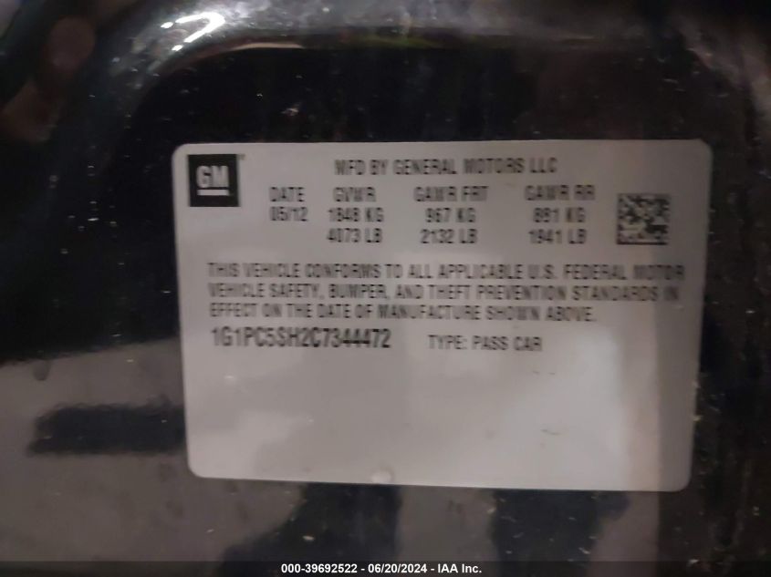 2012 Chevrolet Cruze Ls VIN: 1G1PC5SH2C7344472 Lot: 39692522