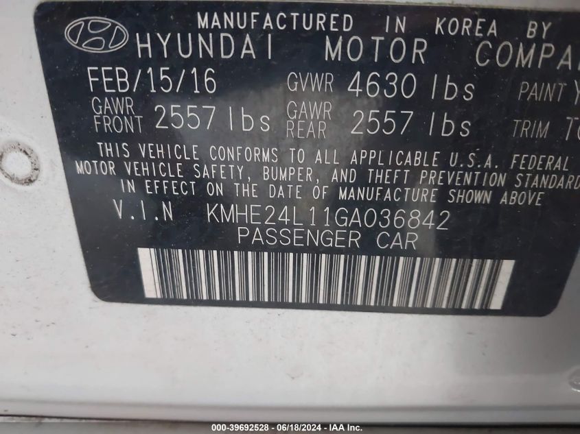 2016 Hyundai Sonata Hybrid Se VIN: KMHE24L11GA036842 Lot: 39692528