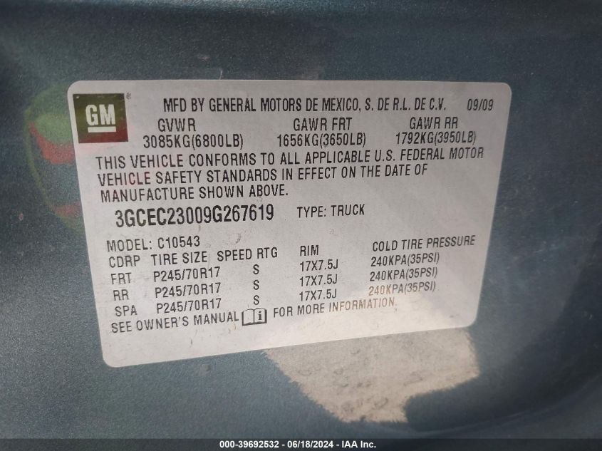 2009 Chevrolet Silverado 1500 Lt VIN: 3GCEC23009G267619 Lot: 39692532