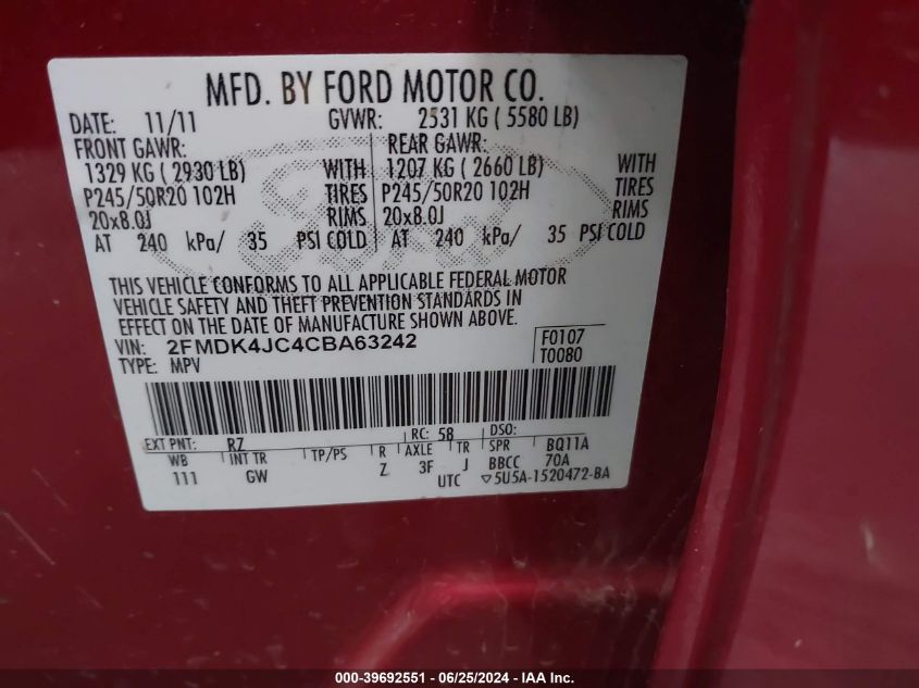 2012 Ford Edge Sel VIN: 2FMDK4JC4CBA63242 Lot: 39692551