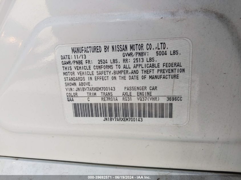 2014 Infiniti Q50 Premium/Sport VIN: JN1BV7ARXEM700143 Lot: 39692571