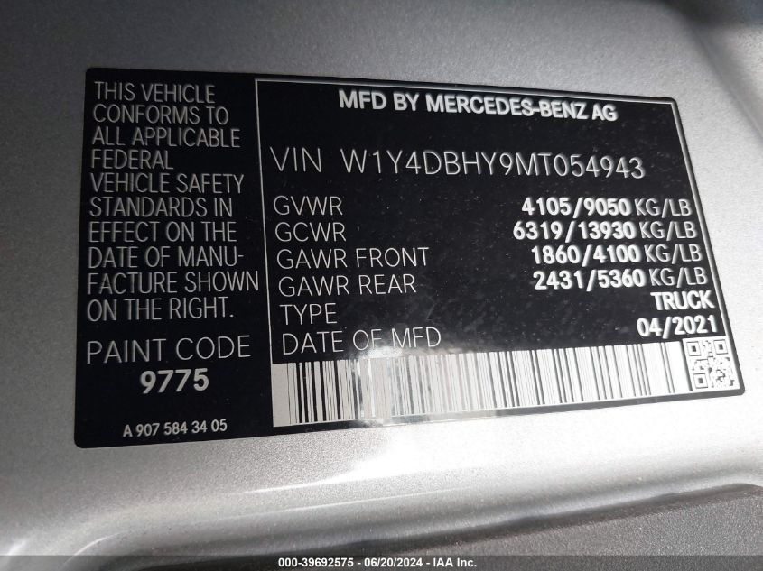 2021 Mercedes-Benz Sprinter 2500 Standard Roof I4 Diesel VIN: W1Y4DBHY9MT054943 Lot: 39692575