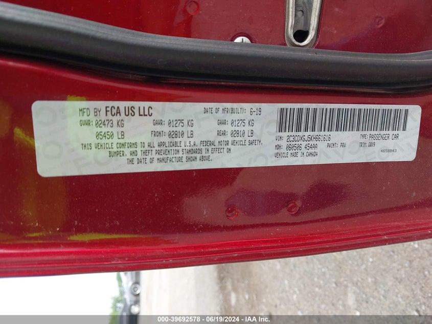 2019 Dodge Charger Scat Pack VIN: 2C3CDXGJ5KH661616 Lot: 39692578