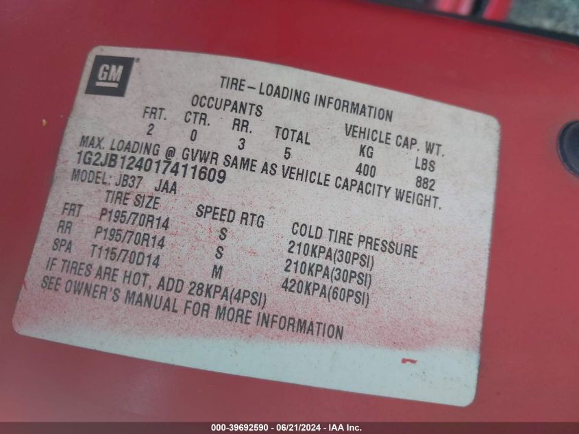 2001 Pontiac Sunfire Se VIN: 1G2JB124017411609 Lot: 39692590