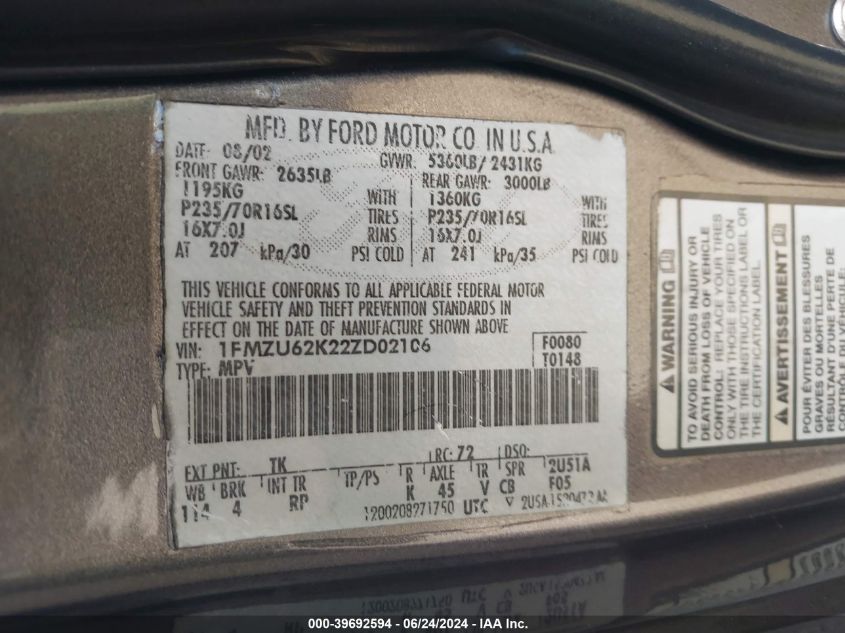 2002 Ford Explorer Xls VIN: 1FMZU62K22ZD02106 Lot: 39692594