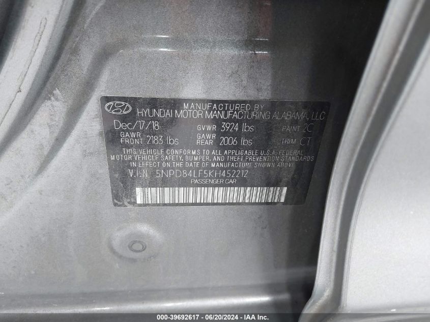 2019 Hyundai Elantra Sel/Value/Limited VIN: 5NPD84LF5KH452212 Lot: 39692617