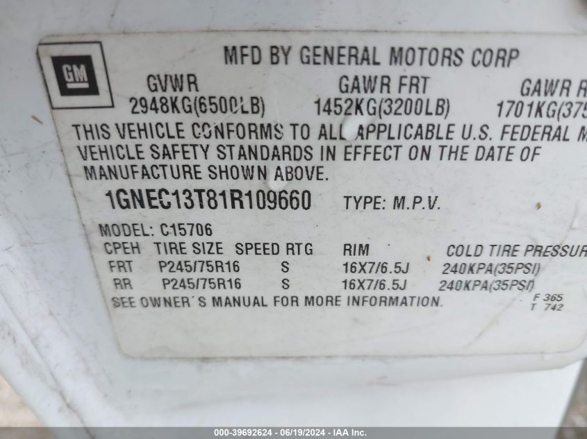 2001 Chevrolet Tahoe Ls VIN: 1GNEC13T81R109660 Lot: 39692624