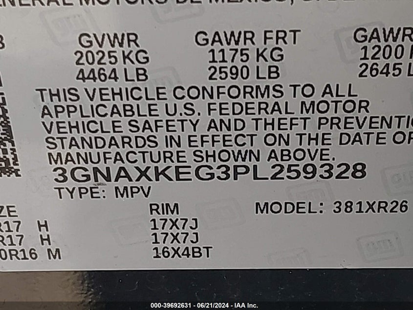 VIN 3GNAXKEG3PL259328 2023 CHEVROLET EQUINOX FWD LT