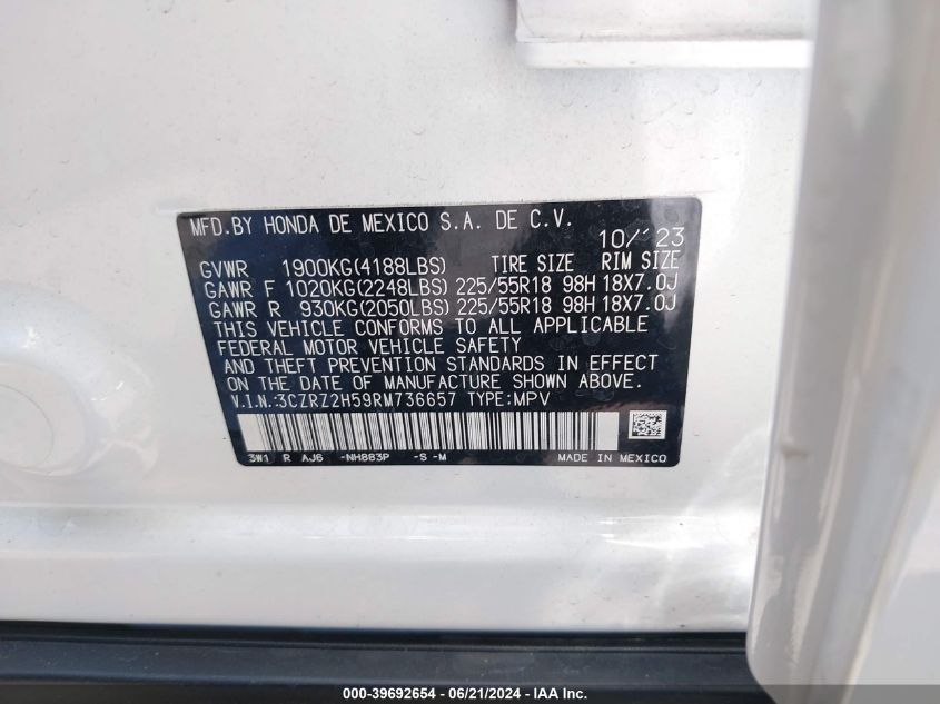 2024 Honda Hr-V Awd Sport/Awd Sport W/O Bsi VIN: 3CZRZ2H59RM736657 Lot: 39692654