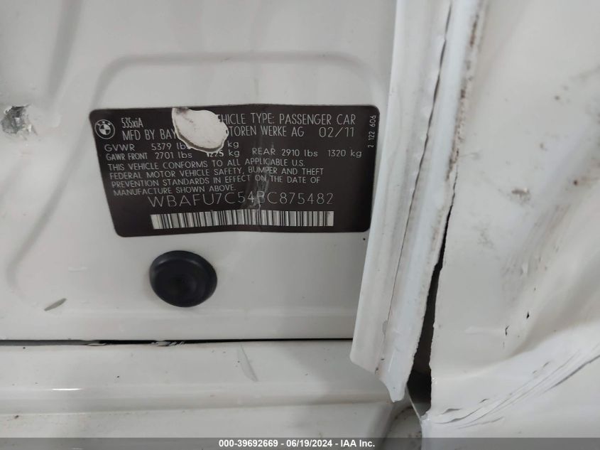 2011 BMW 535I xDrive VIN: WBAFU7C54BC875482 Lot: 39692669