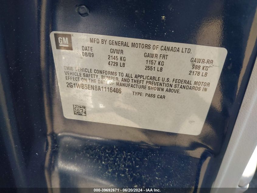 2010 Chevrolet Impala Lt VIN: 2G1WB5EN8A1116406 Lot: 39692671