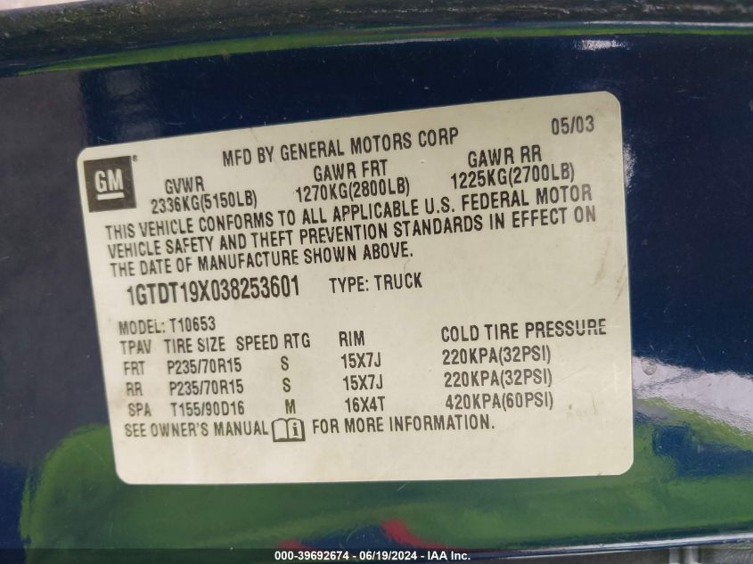 2003 GMC Sonoma Sls VIN: 1GTDT19X038253601 Lot: 39692674