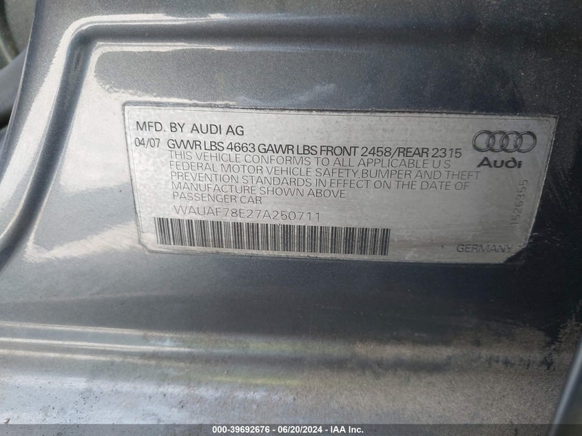 2007 Audi A4 2.0T VIN: WAUAF78E27A250711 Lot: 39692676