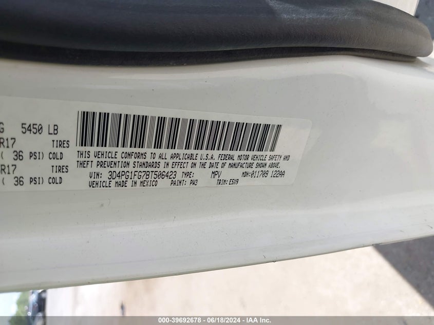 2011 Dodge Journey Mainstreet VIN: 3D4PG1FG7BT506423 Lot: 39692678