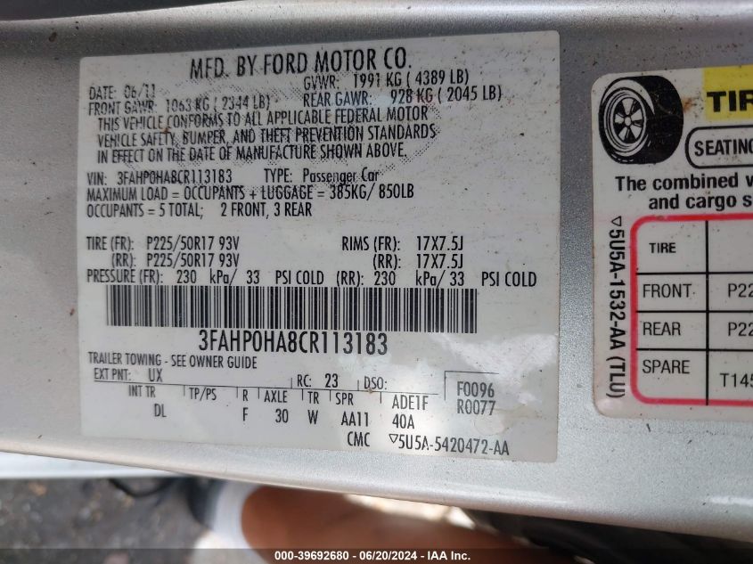 2012 Ford Fusion Se VIN: 3FAHP0HA8CR113183 Lot: 39692680