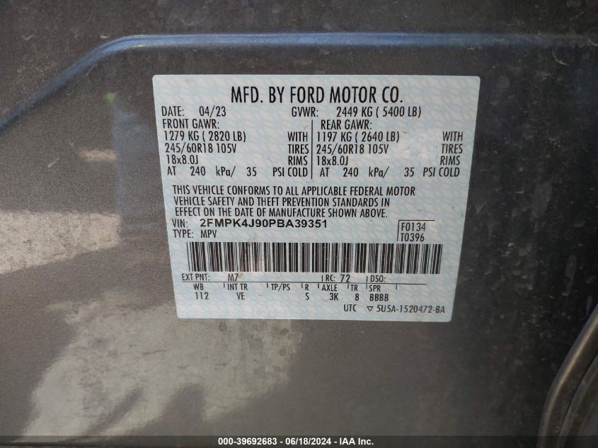 2023 Ford Edge Sel VIN: 2FMPK4J90PBA39351 Lot: 39692683