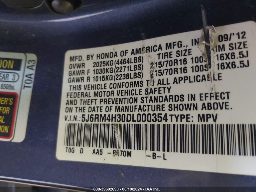 2013 Honda Cr-V Lx VIN: 5J6RM4H30DL000354 Lot: 39692690
