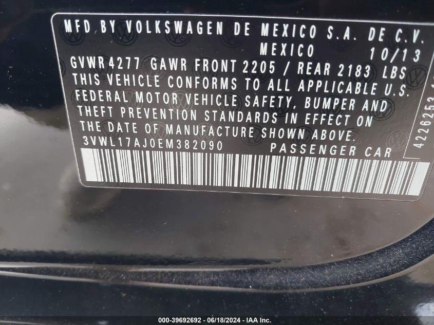 2014 Volkswagen Jetta 1.8T Sel VIN: 3VWL17AJ0EM382090 Lot: 39692692