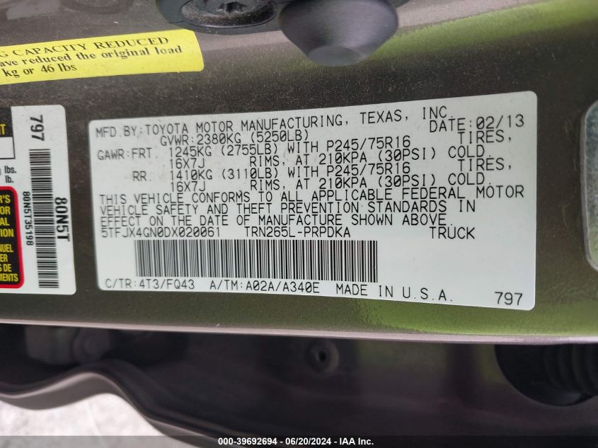 2013 Toyota Tacoma Double Cab VIN: 5TFJX4GN0DX020061 Lot: 39692694