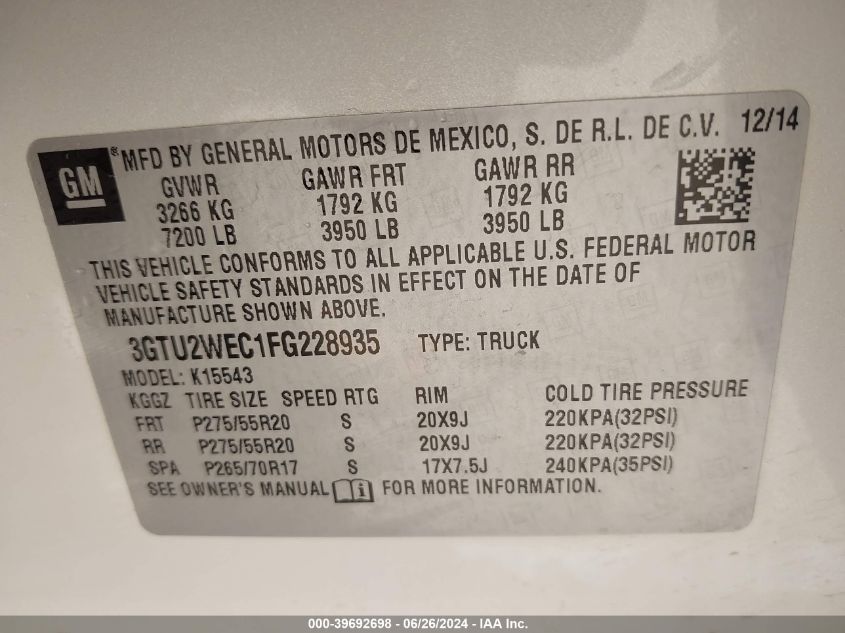 2015 GMC Sierra 1500 Denali VIN: 3GTU2WEC1FG228935 Lot: 39692698