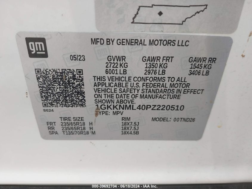 2023 GMC Acadia Fwd Slt VIN: 1GKKNML40PZ220510 Lot: 39692704