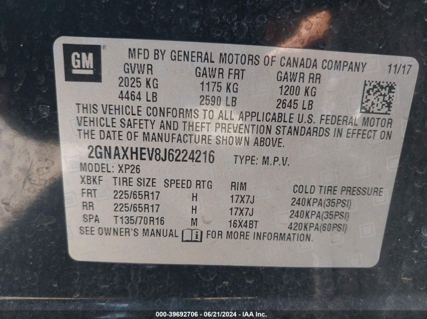 2018 Chevrolet Equinox Ls VIN: 2GNAXHEV8J6224216 Lot: 39692706