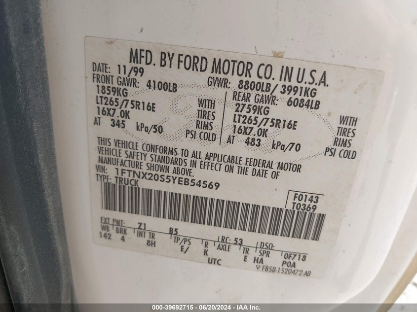 2000 Ford F-250 Lariat/Xl/Xlt VIN: 1FTNX20S5YEB54569 Lot: 39692715
