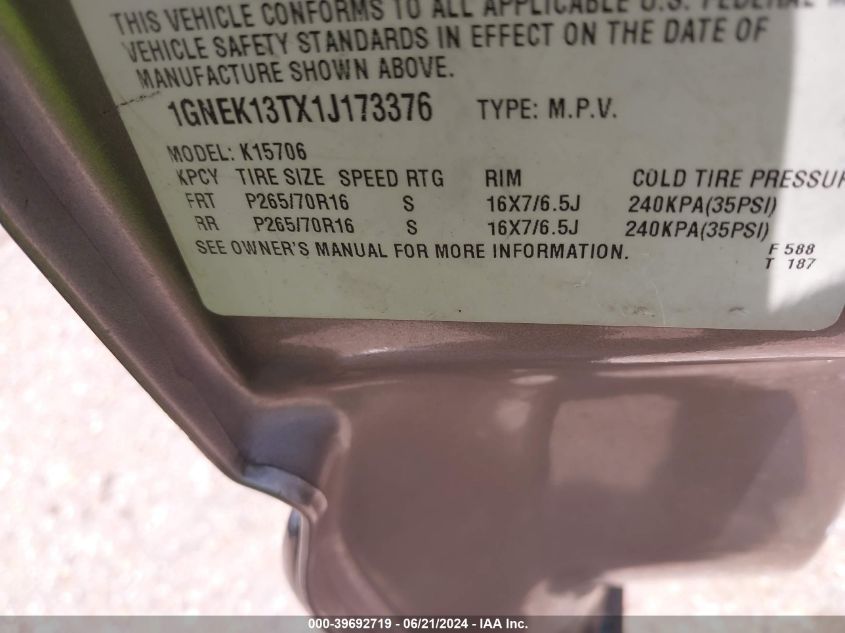 2001 Chevrolet Tahoe Lt VIN: 1GNEK13TX1J173376 Lot: 39692719