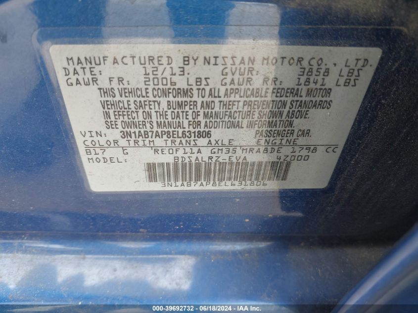 2014 Nissan Sentra Sr VIN: 3N1AB7AP8EL631806 Lot: 39692732