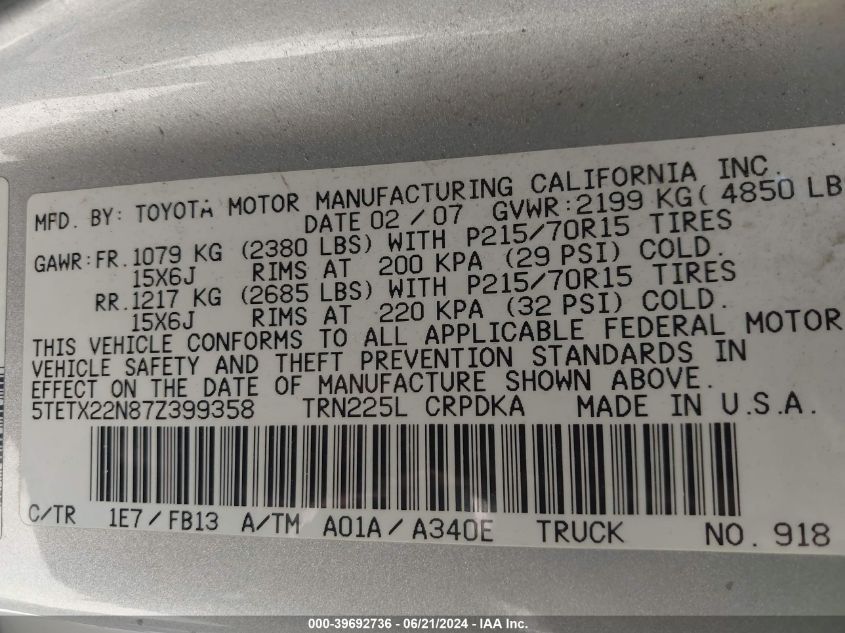2007 Toyota Tacoma VIN: 5TETX22N87Z399358 Lot: 39692736