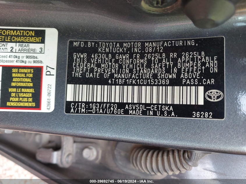 2012 Toyota Camry Se/Le/Xle VIN: 4T1BF1FK1CU153369 Lot: 39692745