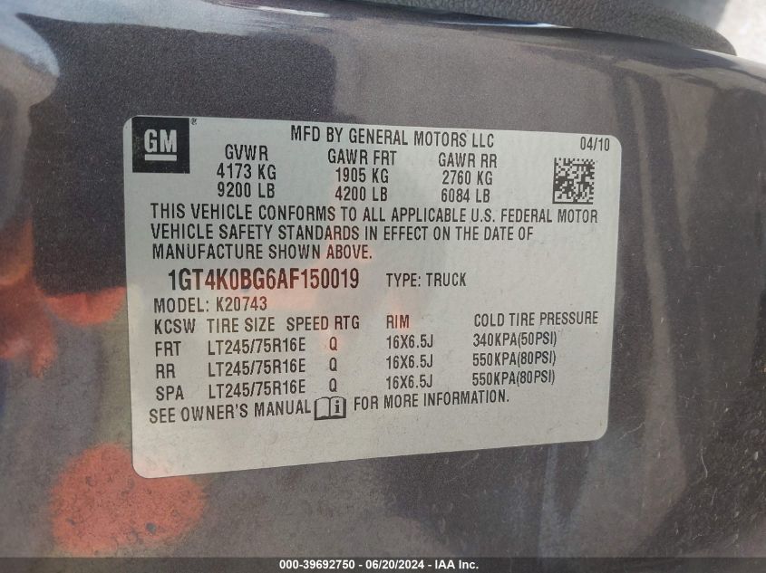 2010 GMC Sierra 2500Hd Sle VIN: 1GT4K0BG6AF150019 Lot: 39692750