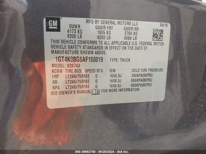 2010 GMC Sierra 2500Hd Sle VIN: 1GT4K0BG6AF150019 Lot: 39692750