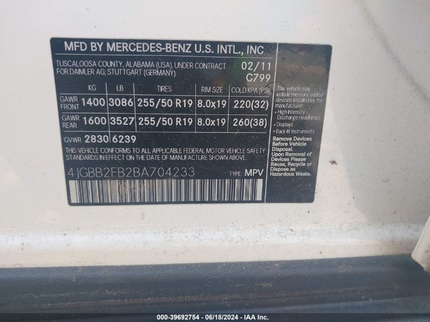 2011 Mercedes-Benz Ml 350 Bluetec 4Matic VIN: 4JGBB2FB2BA704233 Lot: 39692754