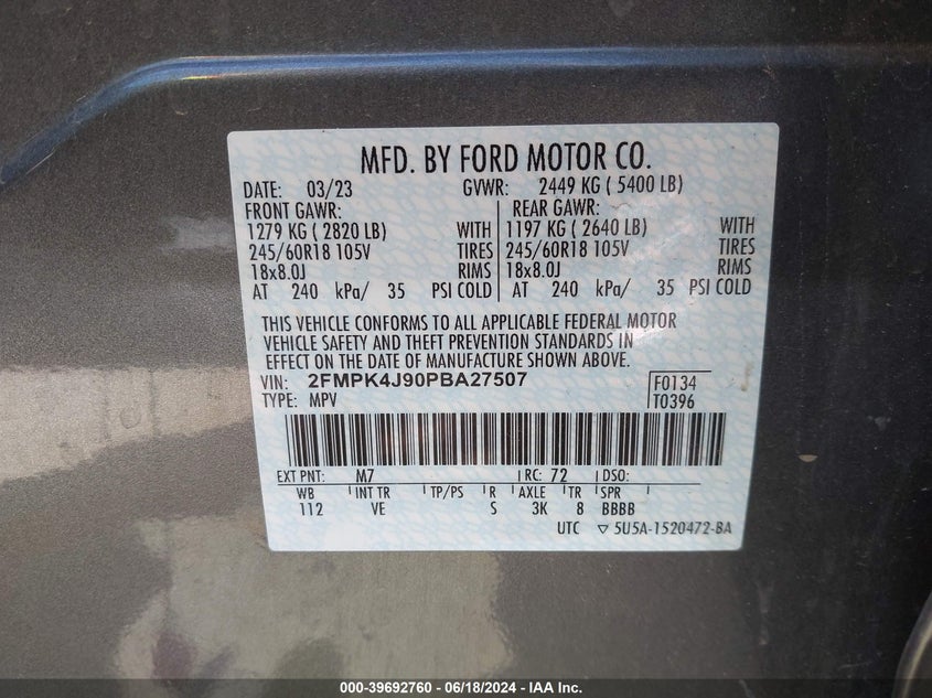 2023 Ford Edge Sel VIN: 2FMPK4J90PBA27507 Lot: 39692760