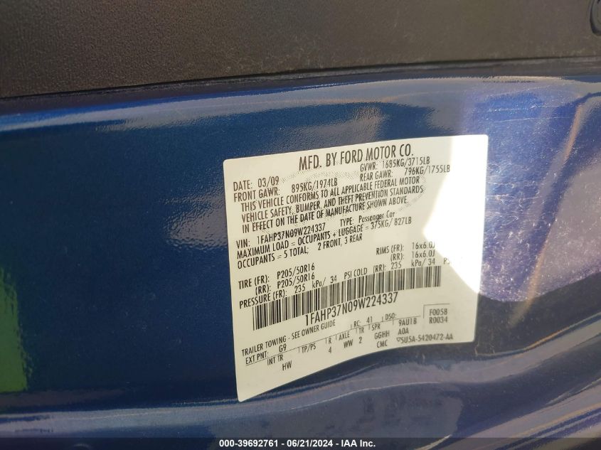 2009 Ford Focus Sel VIN: 1FAHP37N09W224337 Lot: 39692761